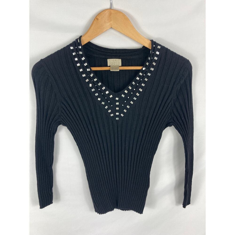 Sigrid Olsen Sport Ribbed Knit Stretch Beaded Neckline Sweater Medium
